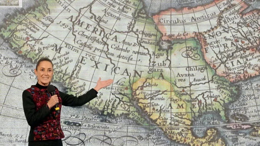 Claudia Sheinbaum apresenta mapa alternativo dos EUA (Alfredo Estrella/AFP via Getty Images